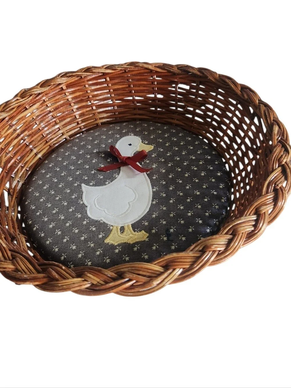 Cottagecore Goose Padded Wicker Basket Embroidered Country Charm
